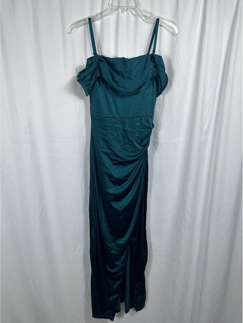 Popilush Dark Green Satin Evening Dress with Off-Shoulder Sleeves Small